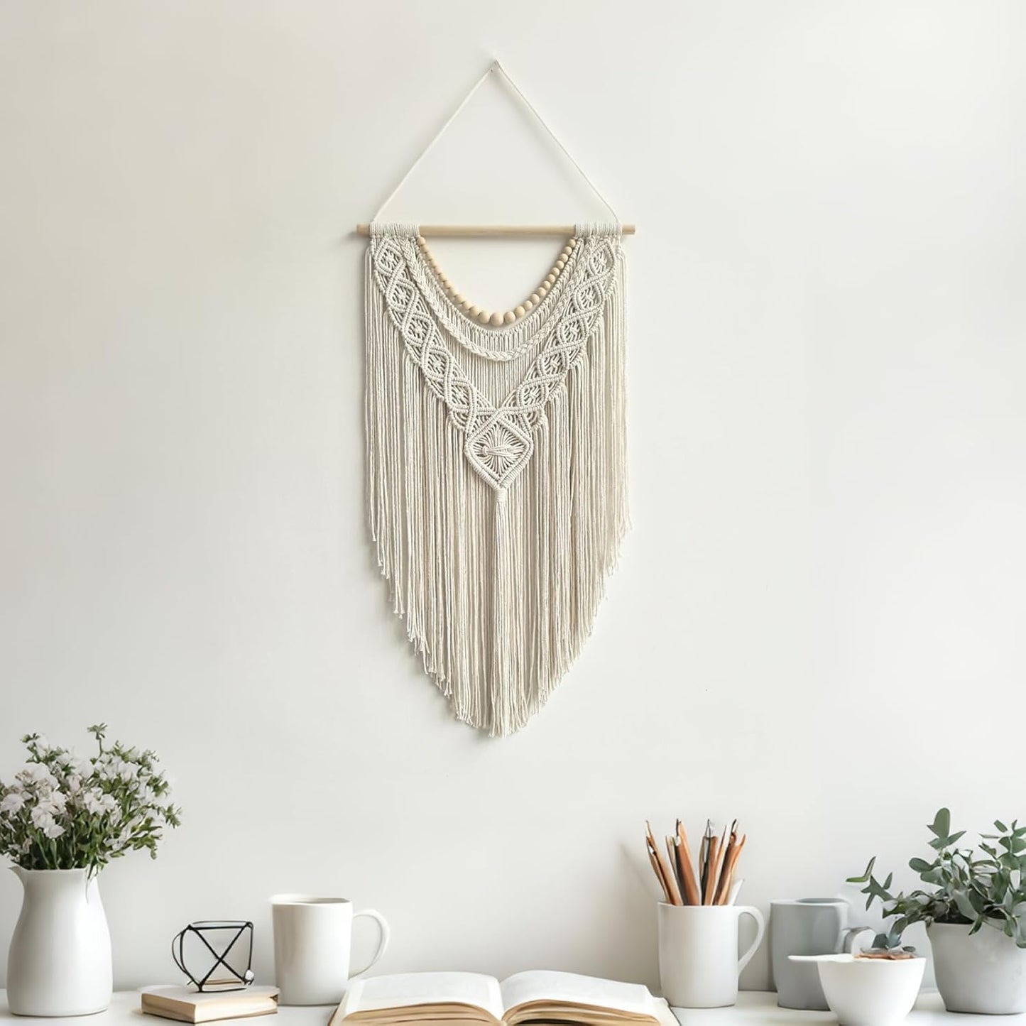Boho Geometric Macrame Wall Hanging – Cotton with Wood Beads 31.5” x 17”