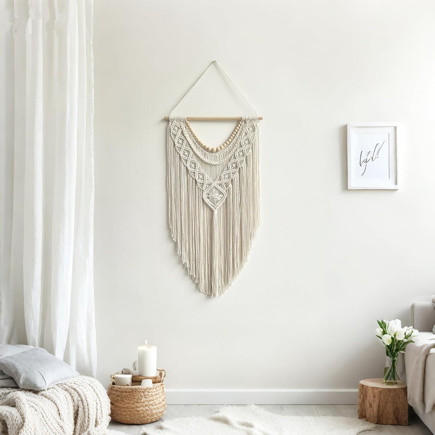 Boho Geometric Macrame Wall Hanging – Cotton with Wood Beads 31.5” x 17”