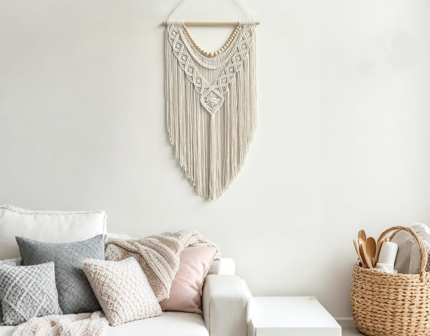 Boho Geometric Macrame Wall Hanging – Cotton with Wood Beads 31.5” x 17”