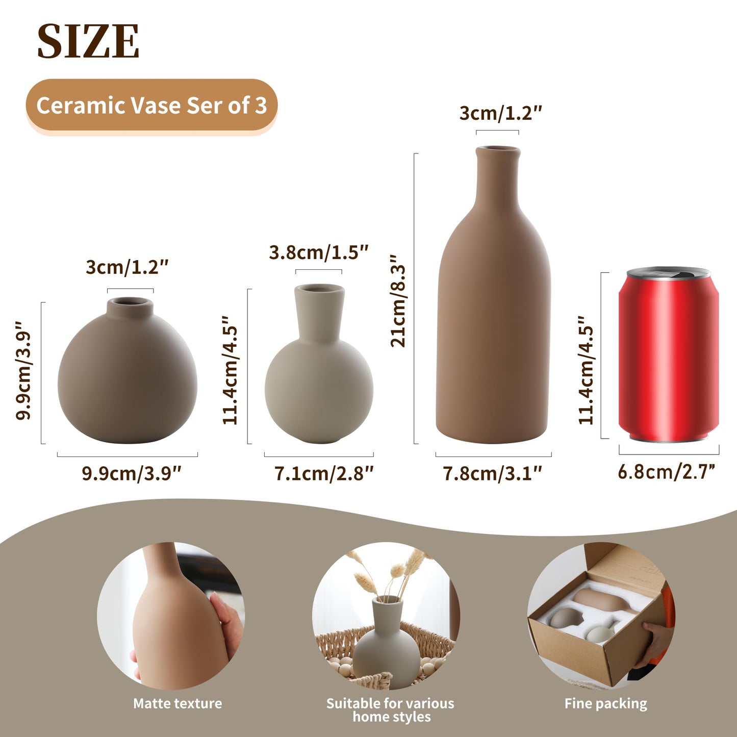 Ceramic Vase Set of 3 – Farmhouse Brown Pottery Vases