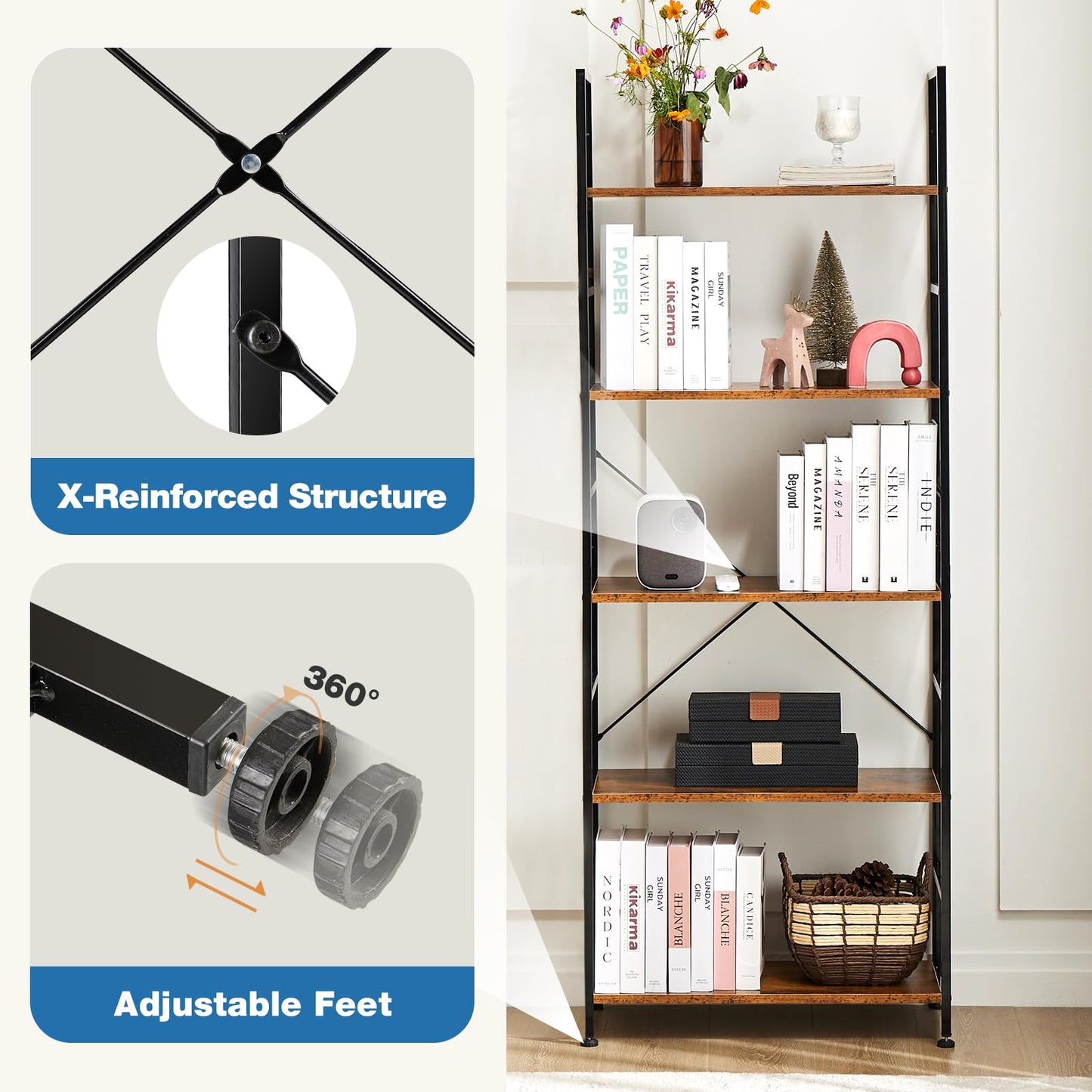5-Tier Freestanding Bookshelf – Rustic Brown Display Shelf