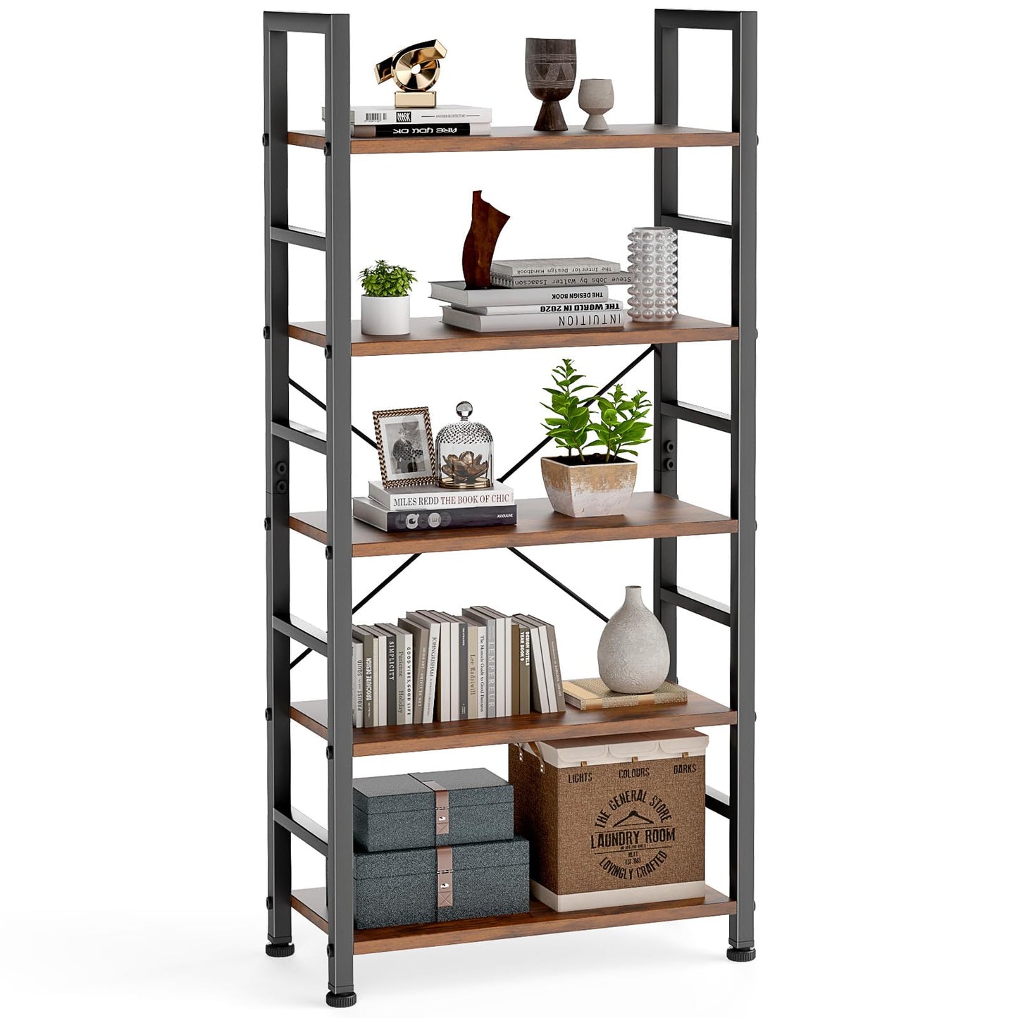 5-Tier Freestanding Bookshelf – Rustic Brown Display Shelf