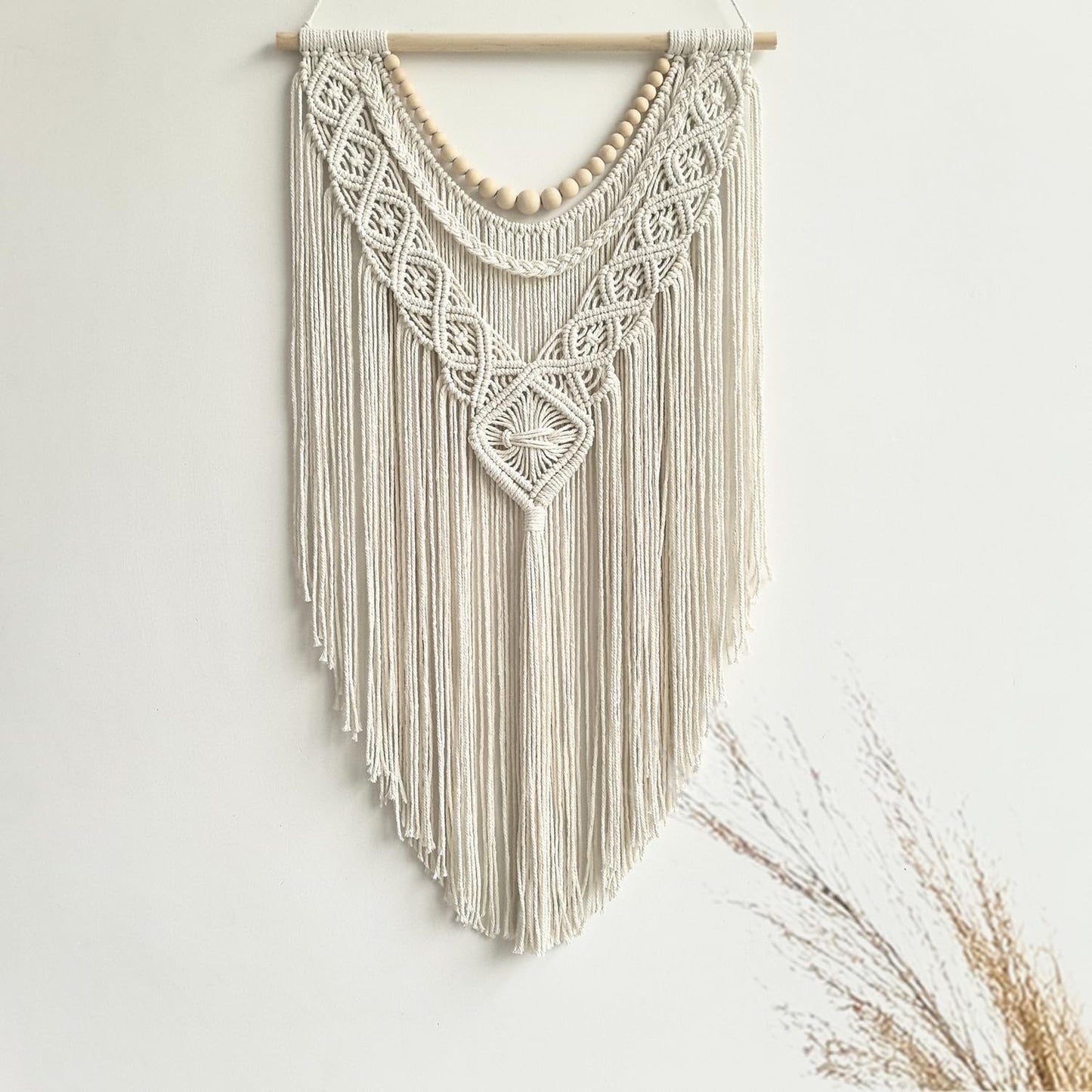 Boho Geometric Macrame Wall Hanging – Cotton with Wood Beads 31.5” x 17”