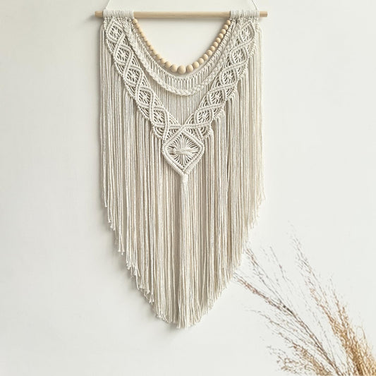 Boho Geometric Macrame Wall Hanging – Cotton with Wood Beads 31.5” x 17”