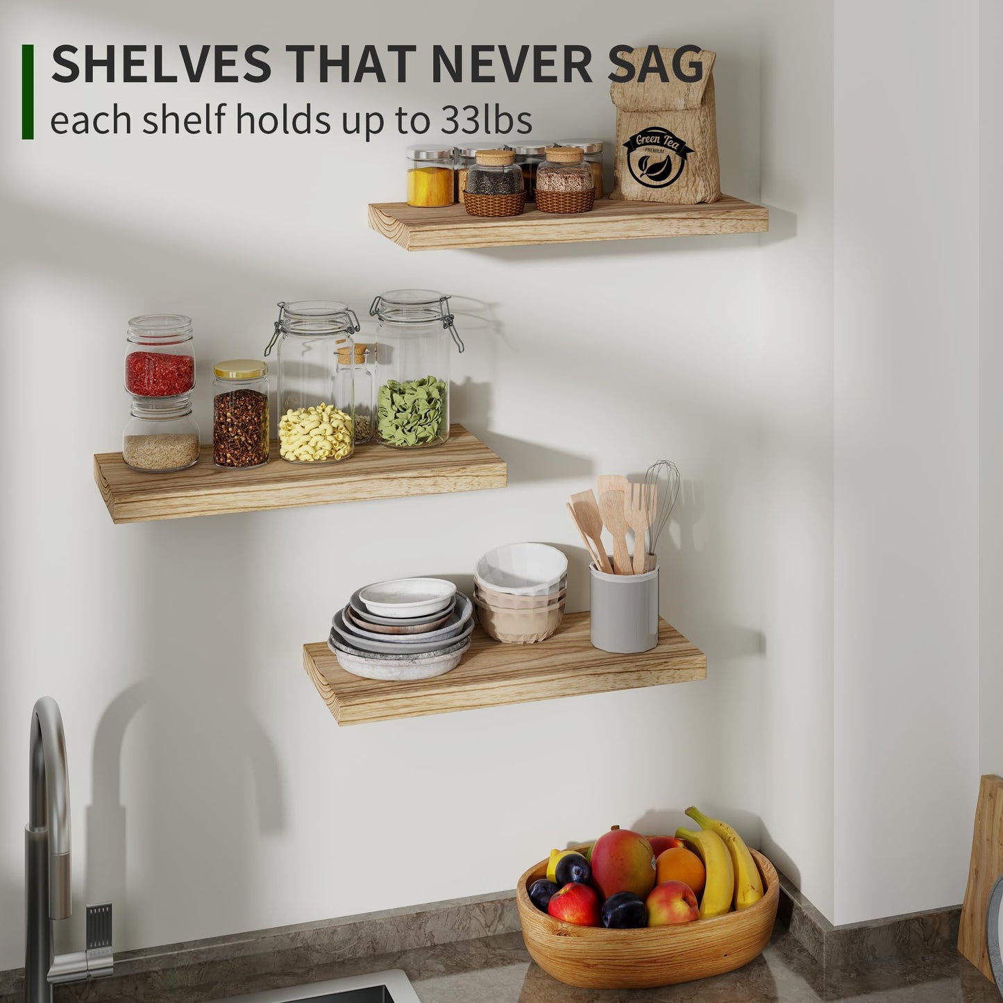 Wood Floating Wall Shelves Set of 3 – Carbonized Black 17”