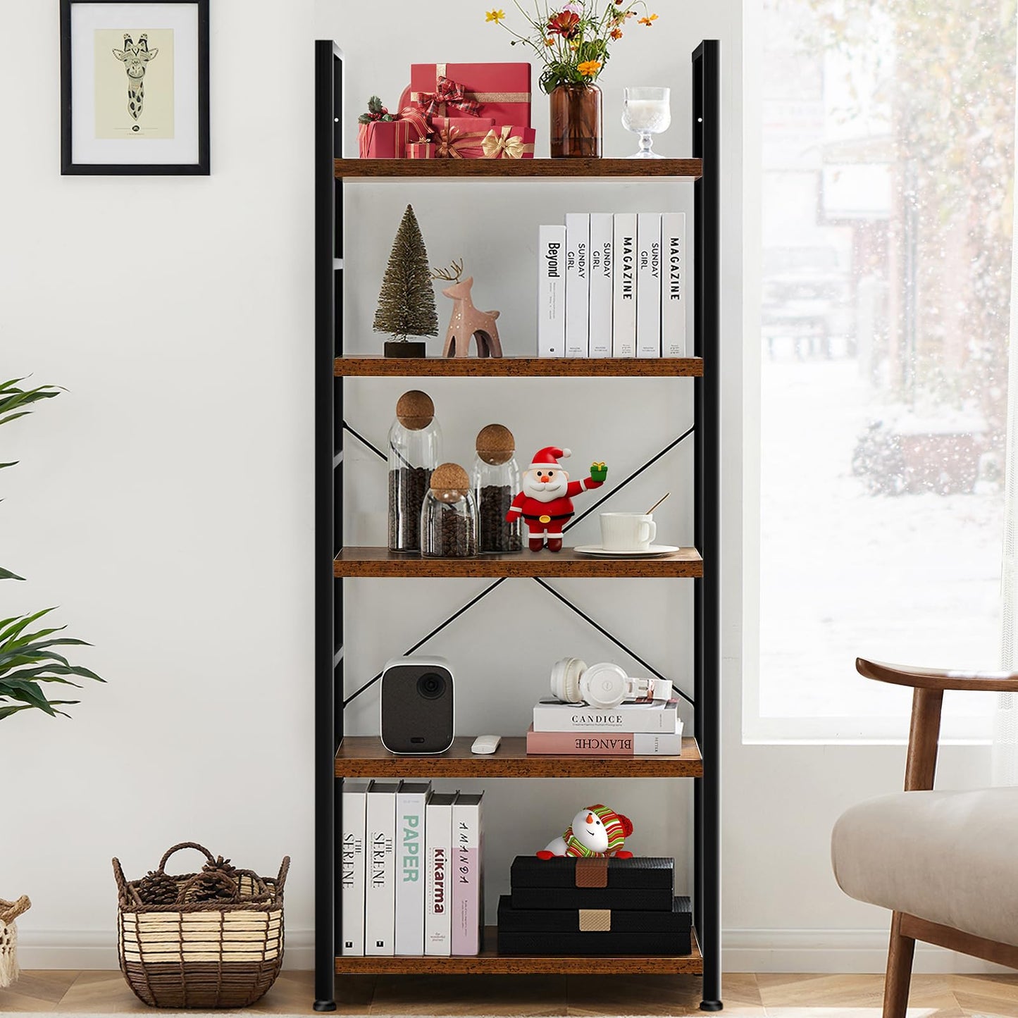 5-Tier Freestanding Bookshelf – Rustic Brown Display Shelf