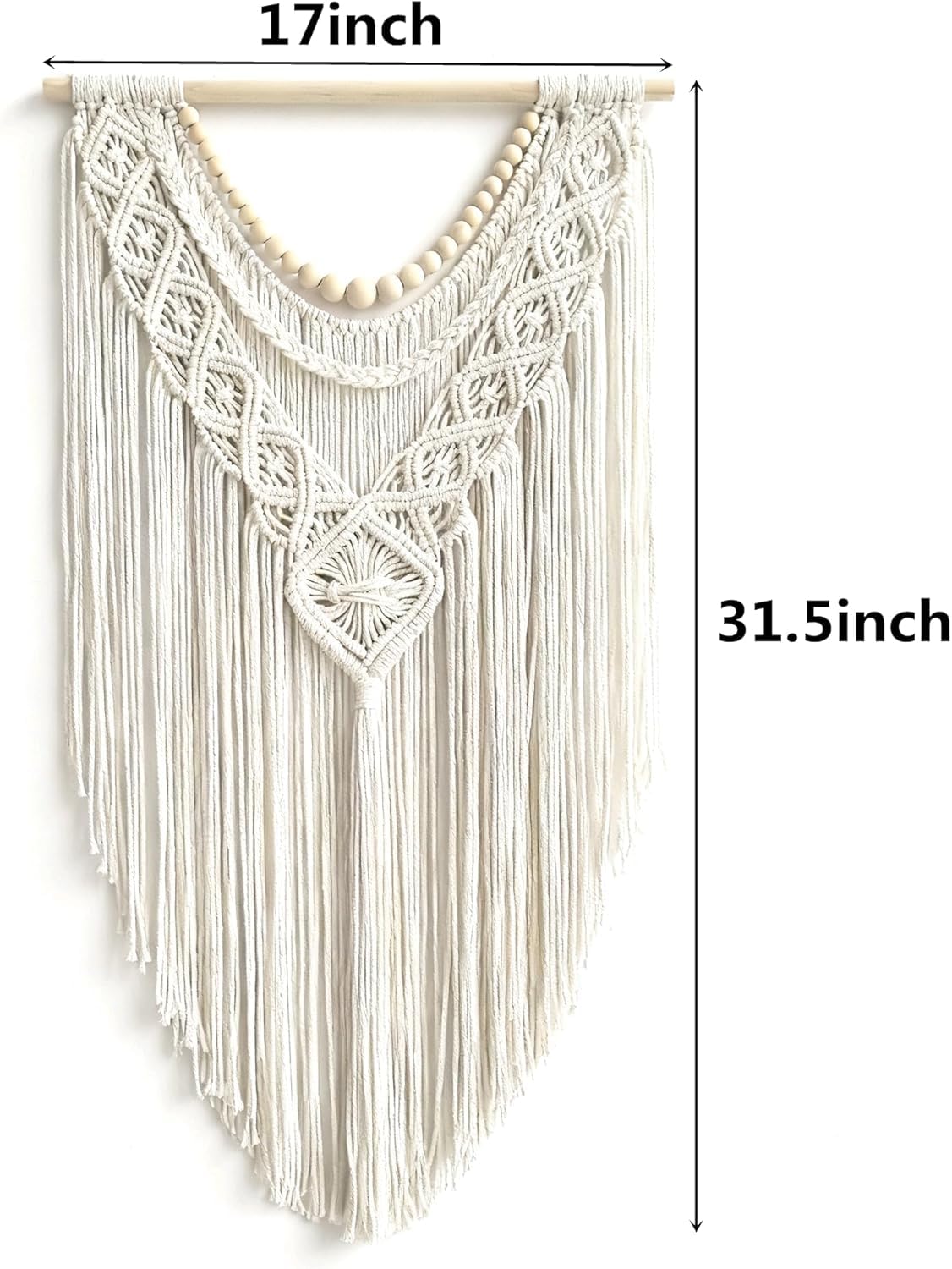 Boho Geometric Macrame Wall Hanging – Cotton with Wood Beads 31.5” x 17”