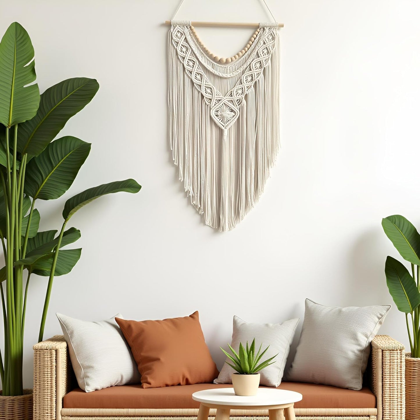 Boho Geometric Macrame Wall Hanging – Cotton with Wood Beads 31.5” x 17”