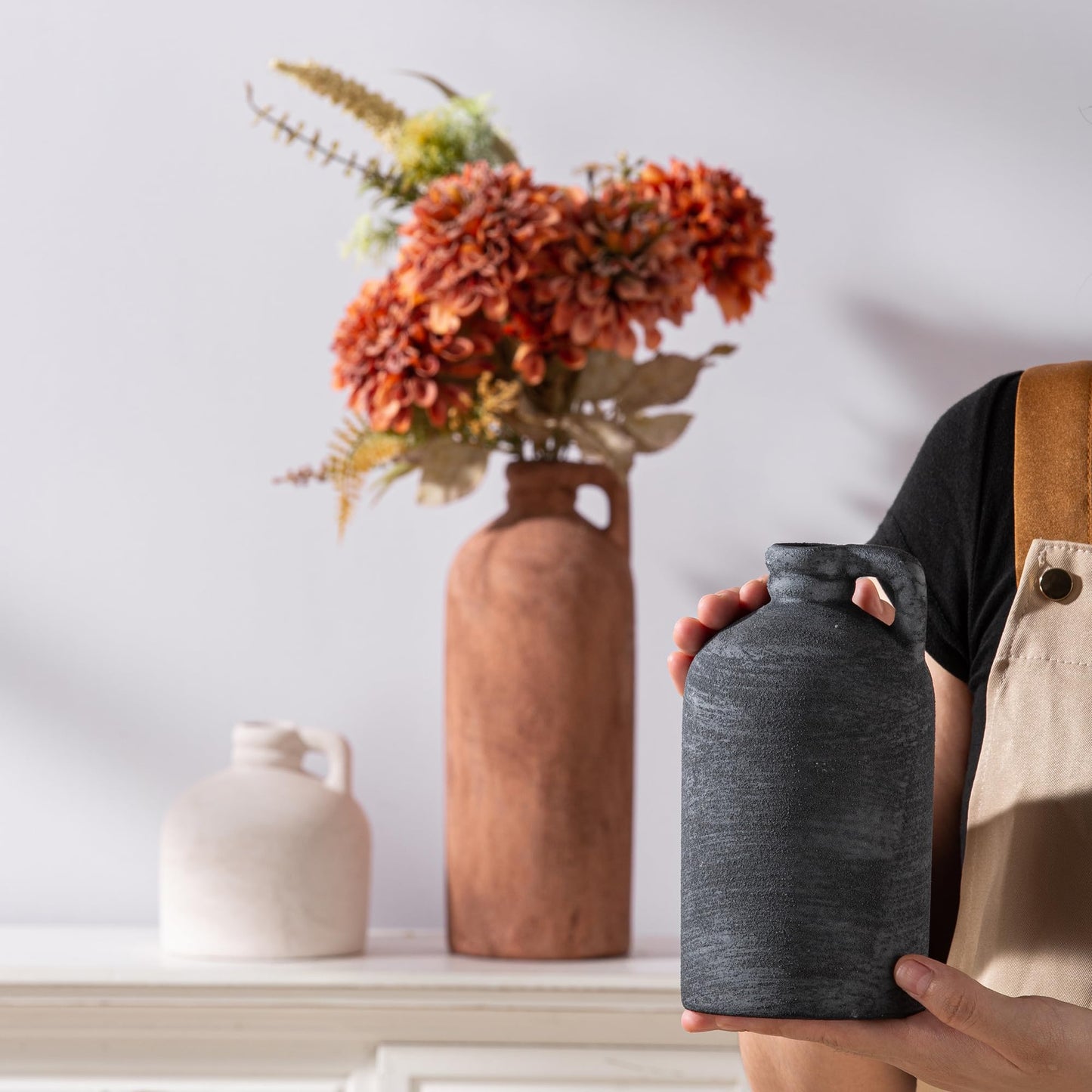 Ceramic Vase Set of 3 – Rustic Brown Home Decor Vases