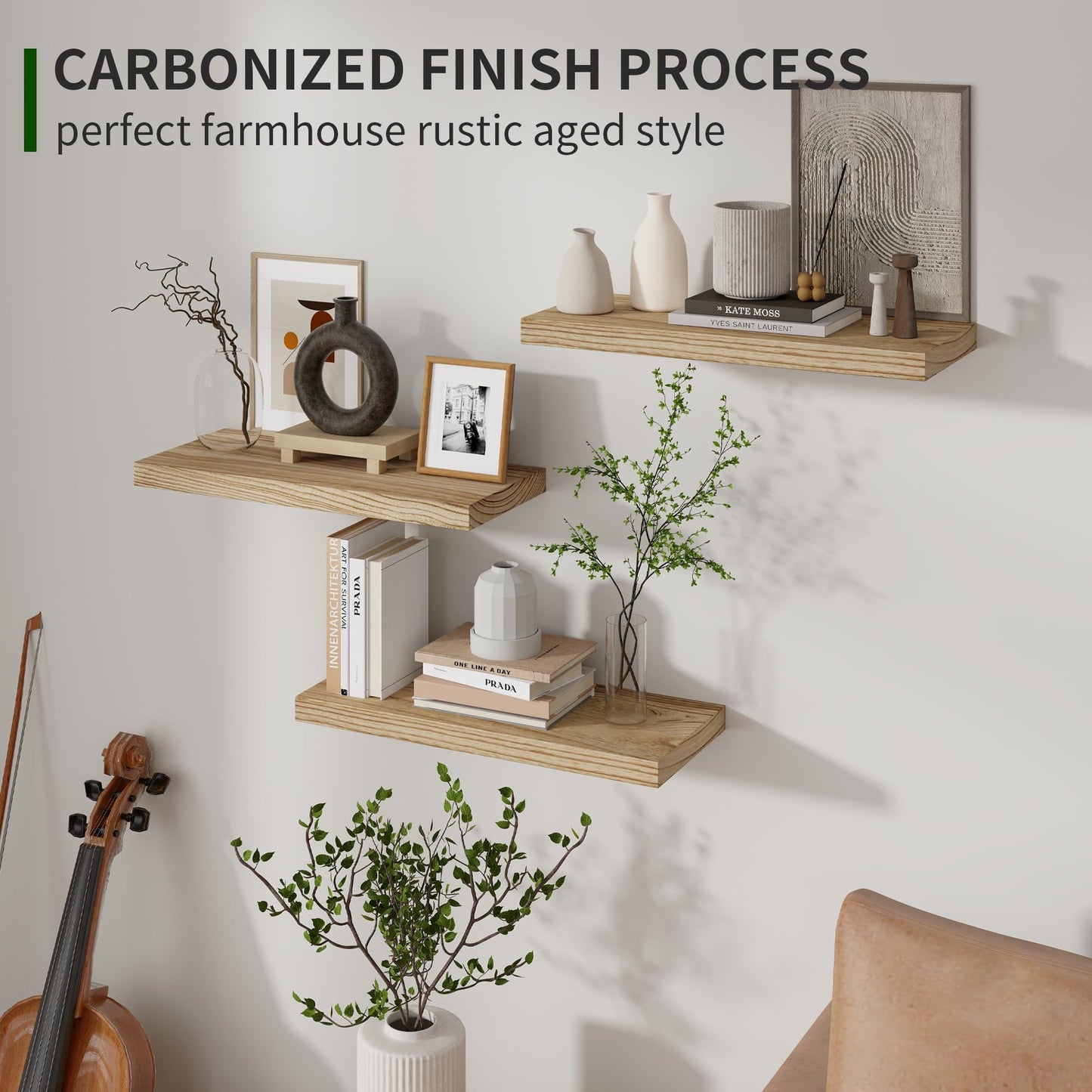 Wood Floating Wall Shelves Set of 3 – Carbonized Black 17”